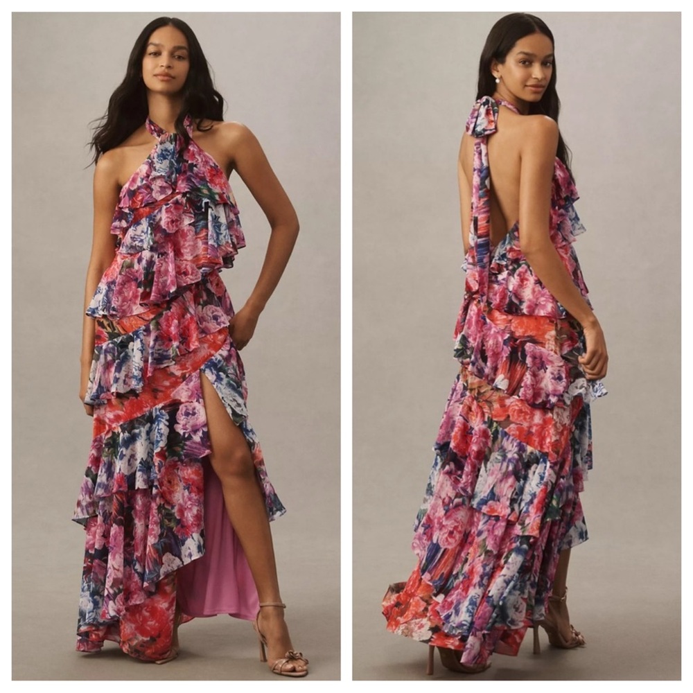 BHLDN Anthropologie Isabel Halter Ruffle Chiffon Maxi Dress